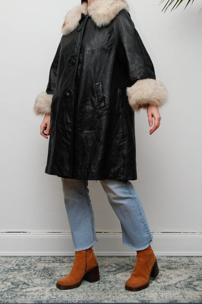 Vintage Black Leather Penny Lane Coat with Silver Fox Fur Cuffs
