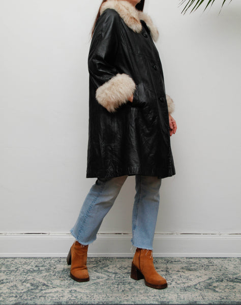 Vintage Black Leather Penny Lane Coat with Silver Fox Fur Cuffs