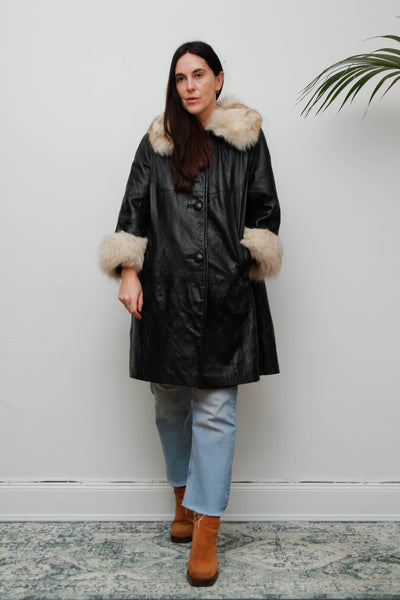 Vintage Black Leather Penny Lane Coat with Silver Fox Fur Cuffs