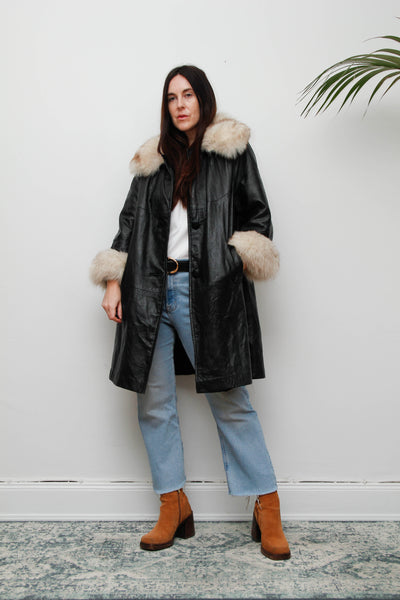 Vintage Black Leather Penny Lane Coat with Silver Fox Fur Cuffs