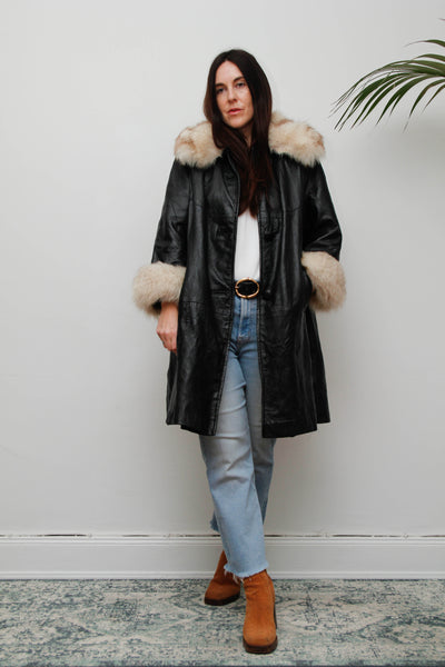 Vintage Black Leather Penny Lane Coat with Silver Fox Fur Cuffs