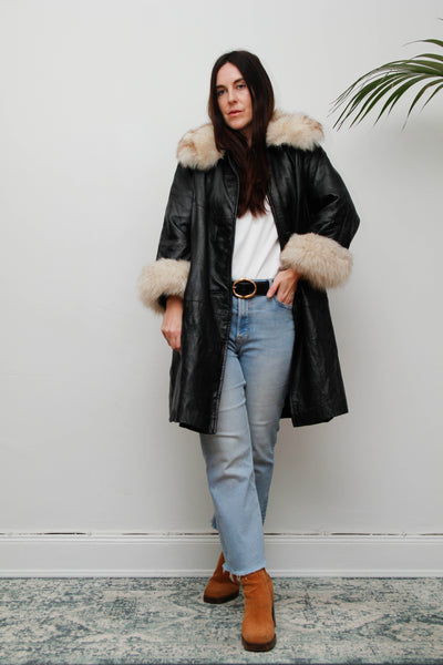 Vintage Black Leather Penny Lane Coat with Silver Fox Fur Cuffs