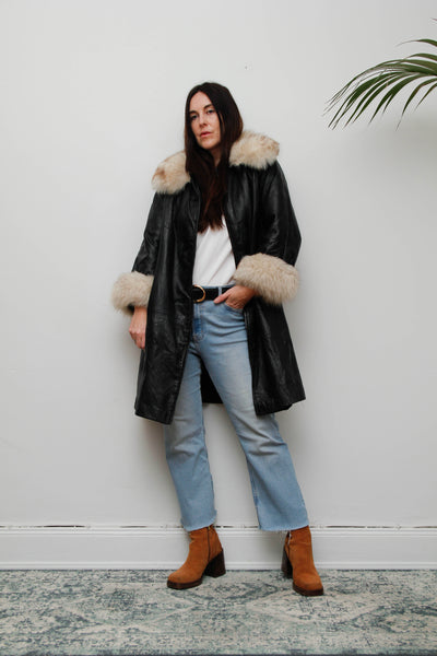 Vintage Black Leather Penny Lane Coat with Silver Fox Fur Cuffs