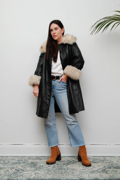 Vintage Black Leather Penny Lane Coat with Silver Fox Fur Cuffs