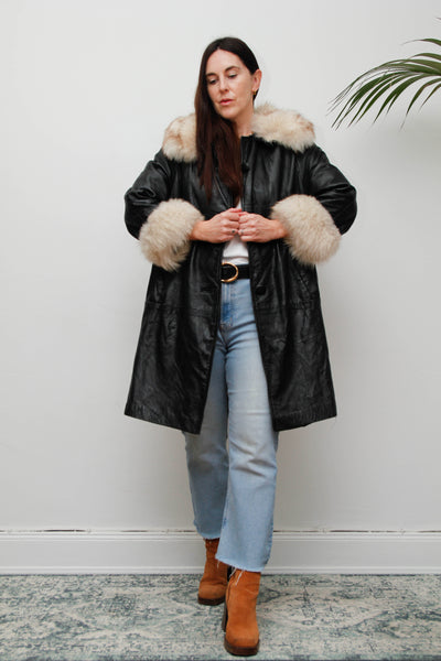 Vintage Black Leather Penny Lane Coat with Silver Fox Fur Cuffs