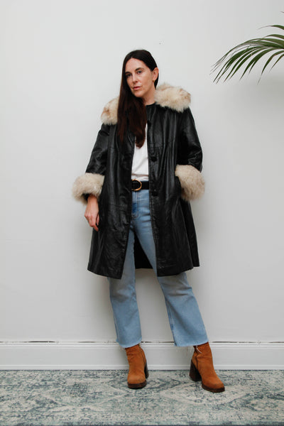 Vintage Black Leather Penny Lane Coat with Silver Fox Fur Cuffs