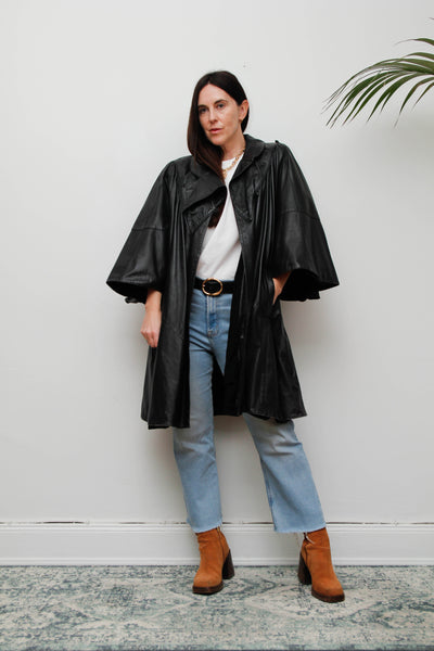 Vintage Original 1980's Black Leather Cape Coat