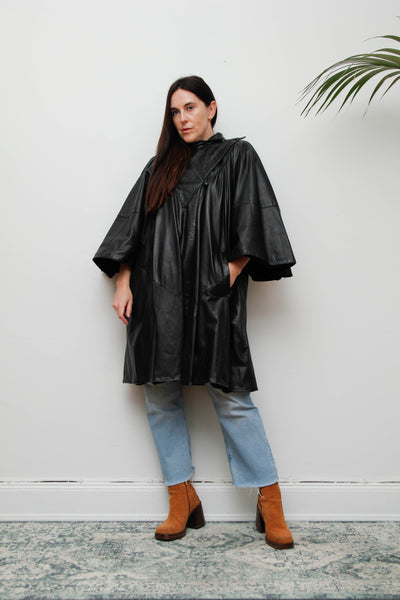 Vintage Original 1980's Black Leather Cape Coat