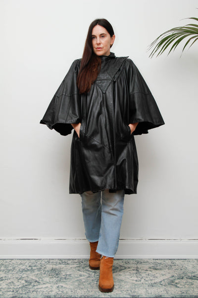 Vintage Original 1980's Black Leather Cape Coat