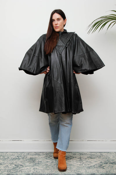 Vintage Original 1980's Black Leather Cape Coat