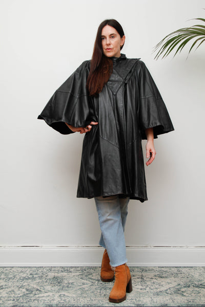 Vintage Original 1980's Black Leather Cape Coat