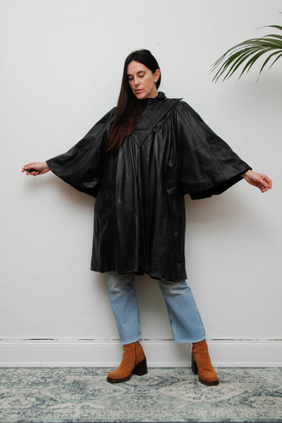 Vintage Original 1980's Black Leather Cape Coat