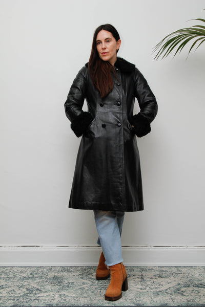 Vintage Black Leather Trench Coat with Oversized Fur Collar