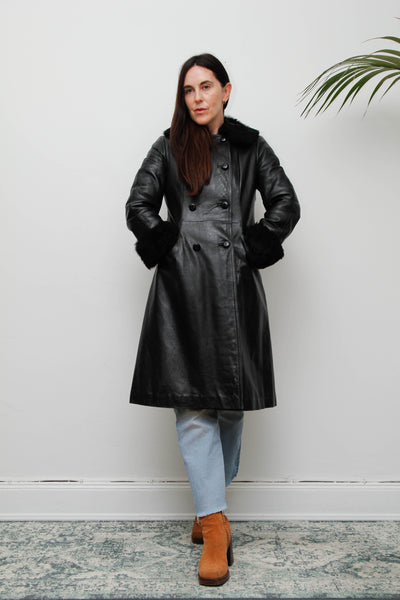 Vintage Black Leather Trench Coat with Oversized Fur Collar