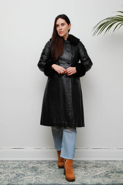 Vintage Black Leather Trench Coat with Oversized Fur Collar