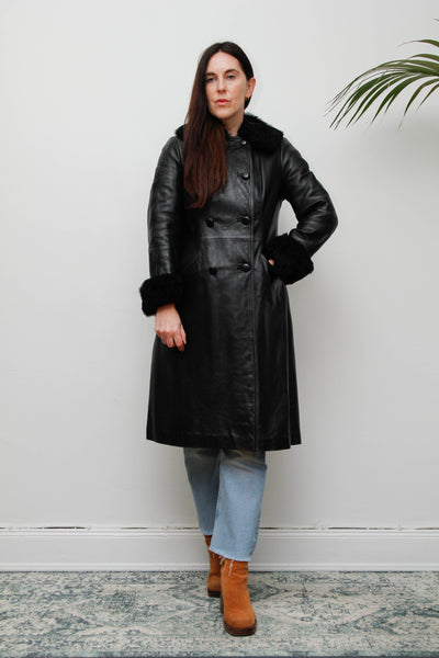 Vintage Black Leather Trench Coat with Oversized Fur Collar