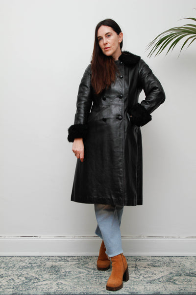 Vintage Black Leather Trench Coat with Oversized Fur Collar