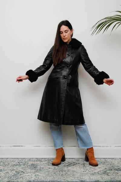 Vintage Black Leather Trench Coat with Oversized Fur Collar
