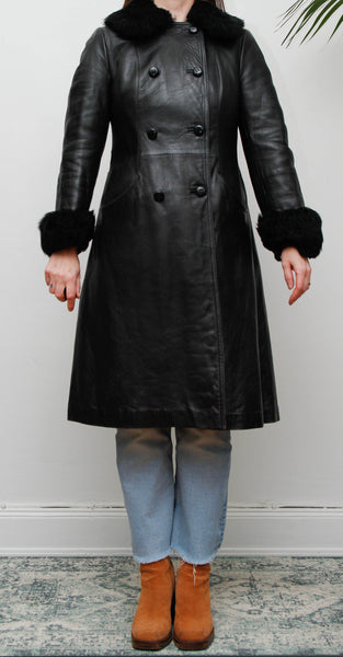 Vintage Black Leather Trench Coat with Oversized Fur Collar