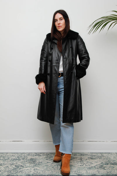 Vintage Black Leather Trench Coat with Oversized Fur Collar