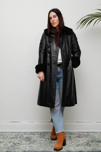 Vintage Black Leather Trench Coat with Oversized Fur Collar