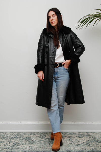 Vintage Black Leather Trench Coat with Oversized Fur Collar