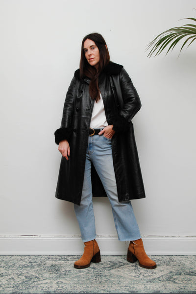 Vintage Black Leather Trench Coat with Oversized Fur Collar