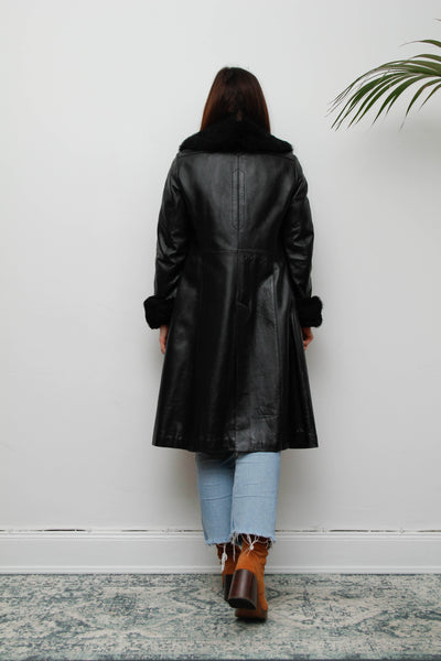 Vintage Black Leather Trench Coat with Oversized Fur Collar
