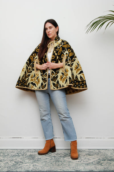 Vintage 1970s Yellow Wool Tapestry Cape - Geometric Floral Bohemian