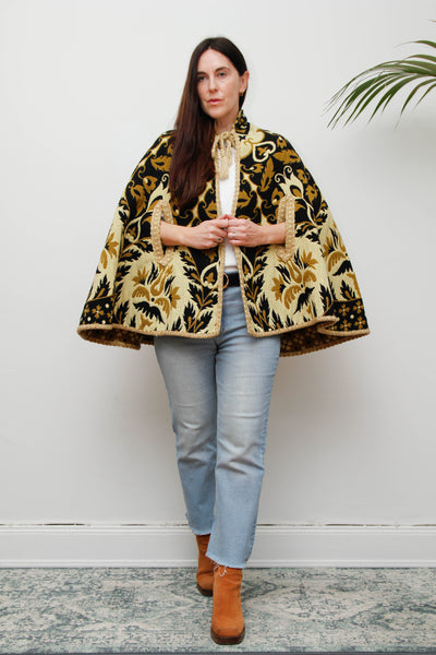 Vintage 1970s Yellow Wool Tapestry Cape - Geometric Floral Bohemian