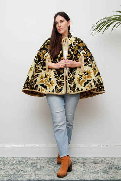 Vintage 1970s Yellow Wool Tapestry Cape - Geometric Floral Bohemian