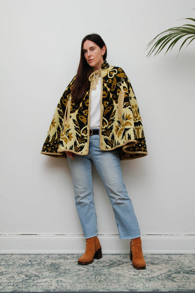 Vintage 1970s Yellow Wool Tapestry Cape - Geometric Floral Bohemian