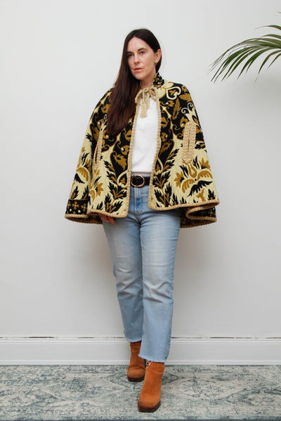 Vintage 1970s Yellow Wool Tapestry Cape - Geometric Floral Bohemian