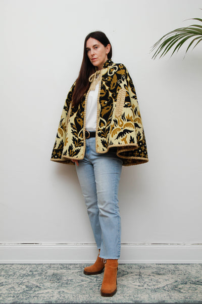Vintage 1970s Yellow Wool Tapestry Cape - Geometric Floral Bohemian