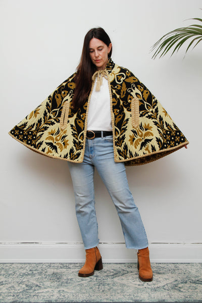 Vintage 1970s Yellow Wool Tapestry Cape - Geometric Floral Bohemian