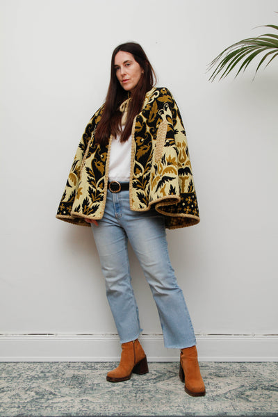 Vintage 1970s Yellow Wool Tapestry Cape - Geometric Floral Bohemian