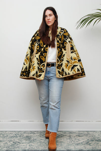 Vintage 1970s Yellow Wool Tapestry Cape - Geometric Floral Bohemian