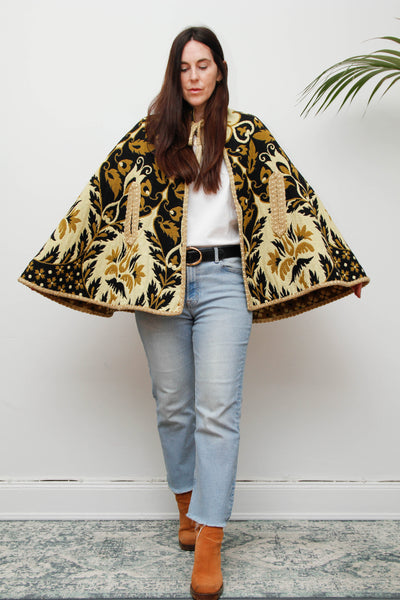 Vintage 1970s Yellow Wool Tapestry Cape - Geometric Floral Bohemian