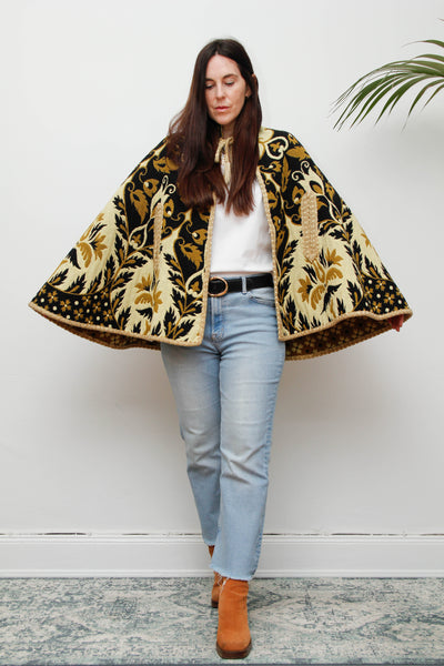 Vintage 1970s Yellow Wool Tapestry Cape - Geometric Floral Bohemian