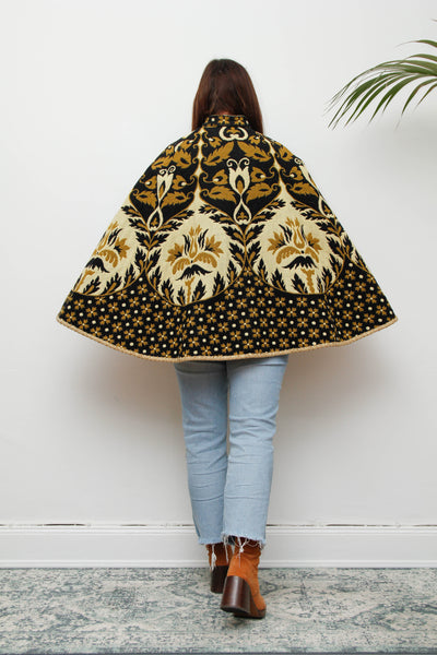 Vintage 1970s Yellow Wool Tapestry Cape - Geometric Floral Bohemian