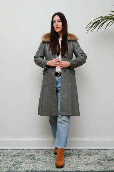 Original 1970s Afghan Sheepskin Coat in Light Grey with Self-Fabric Belt
