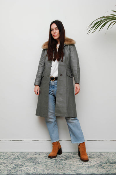 Original 1970s Afghan Sheepskin Coat in Light Grey with Self-Fabric Belt