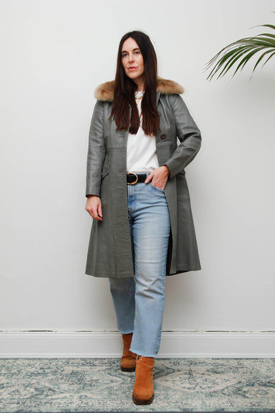 Original 1970s Afghan Sheepskin Coat in Light Grey with Self-Fabric Belt
