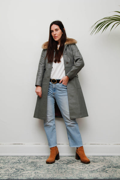 Original 1970s Afghan Sheepskin Coat in Light Grey with Self-Fabric Belt