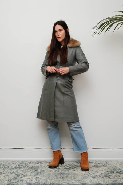 Original 1970s Afghan Sheepskin Coat in Light Grey with Self-Fabric Belt