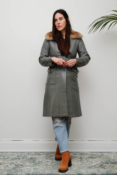 Original 1970s Afghan Sheepskin Coat in Light Grey with Self-Fabric Belt