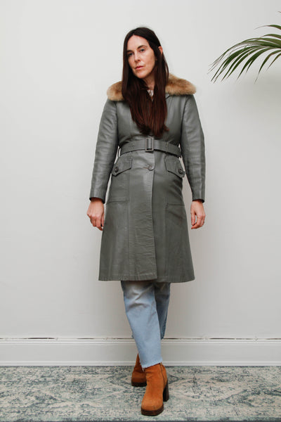 Original 1970s Afghan Sheepskin Coat in Light Grey with Self-Fabric Belt