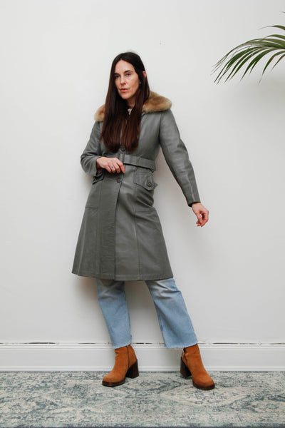 Original 1970s Afghan Sheepskin Coat in Light Grey with Self-Fabric Belt