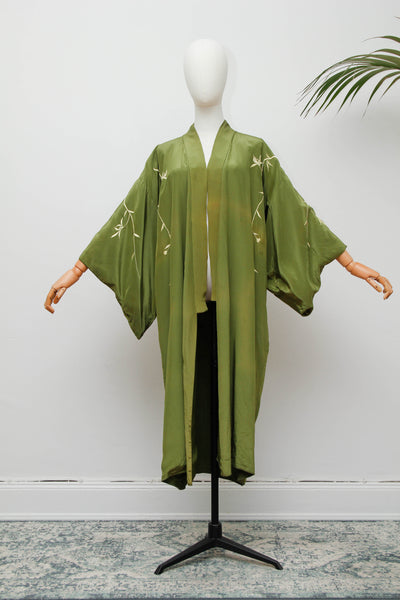 Vintage Oriental Green Satin Kimono with Kaftan Sleeves