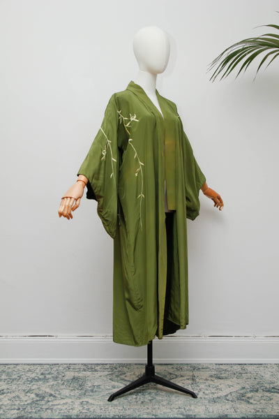 Vintage Oriental Green Satin Kimono with Kaftan Sleeves